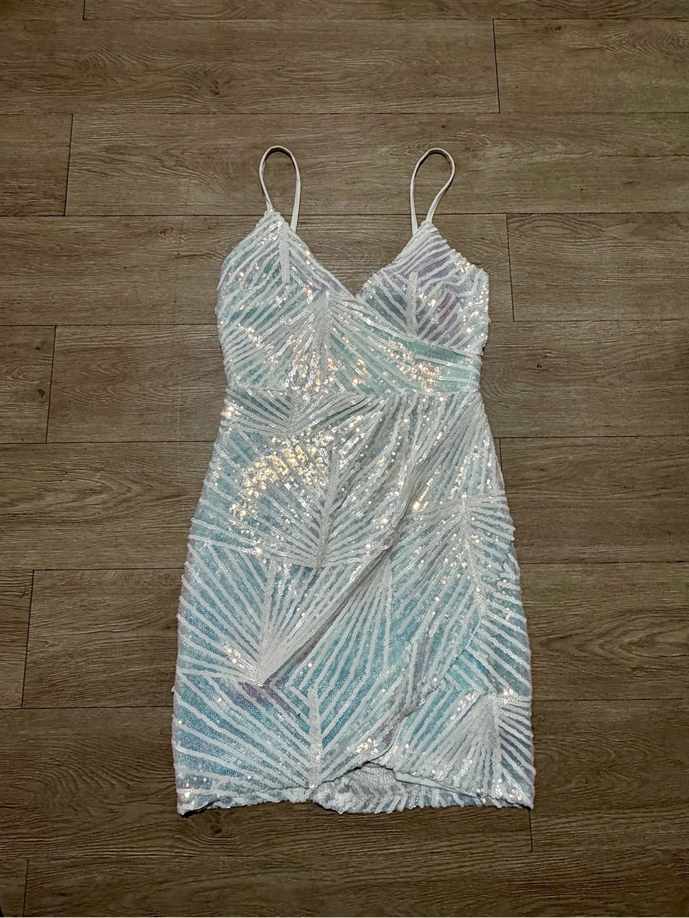 Sequin Spaghetti-Strap Mini Dress in Iridescent White